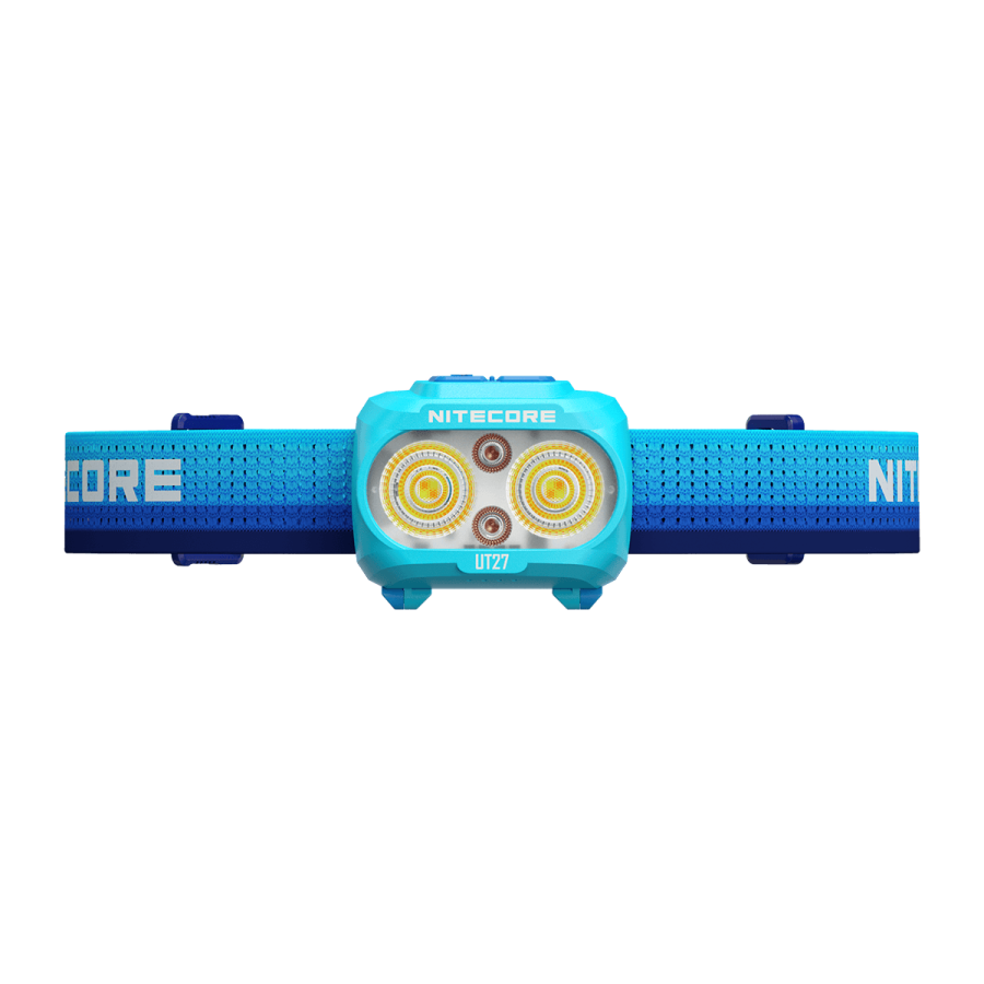 Nitecore UT27 MB blue headlamp lens close-up with headband extended