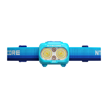 Nitecore UT27 MB blue headlamp lens close-up with headband extended