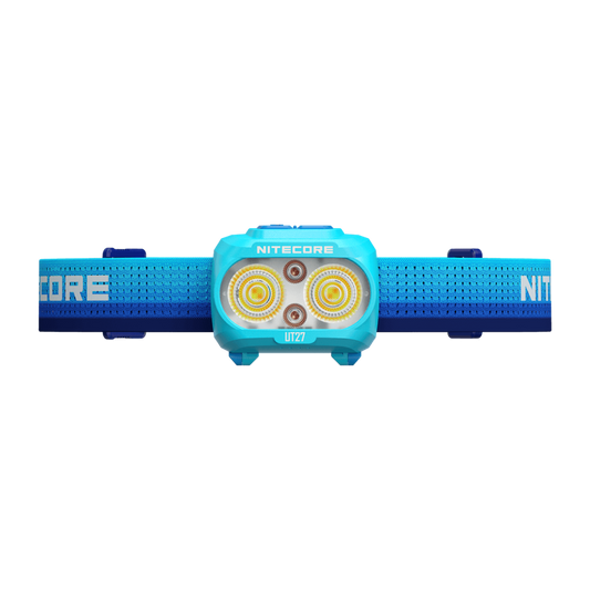Nitecore UT27 MB blue headlamp lens close-up with headband extended