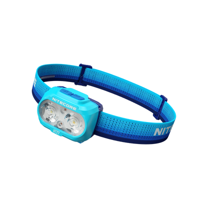Nitecore UT27 MB blue headlamp opposite angled view with headband