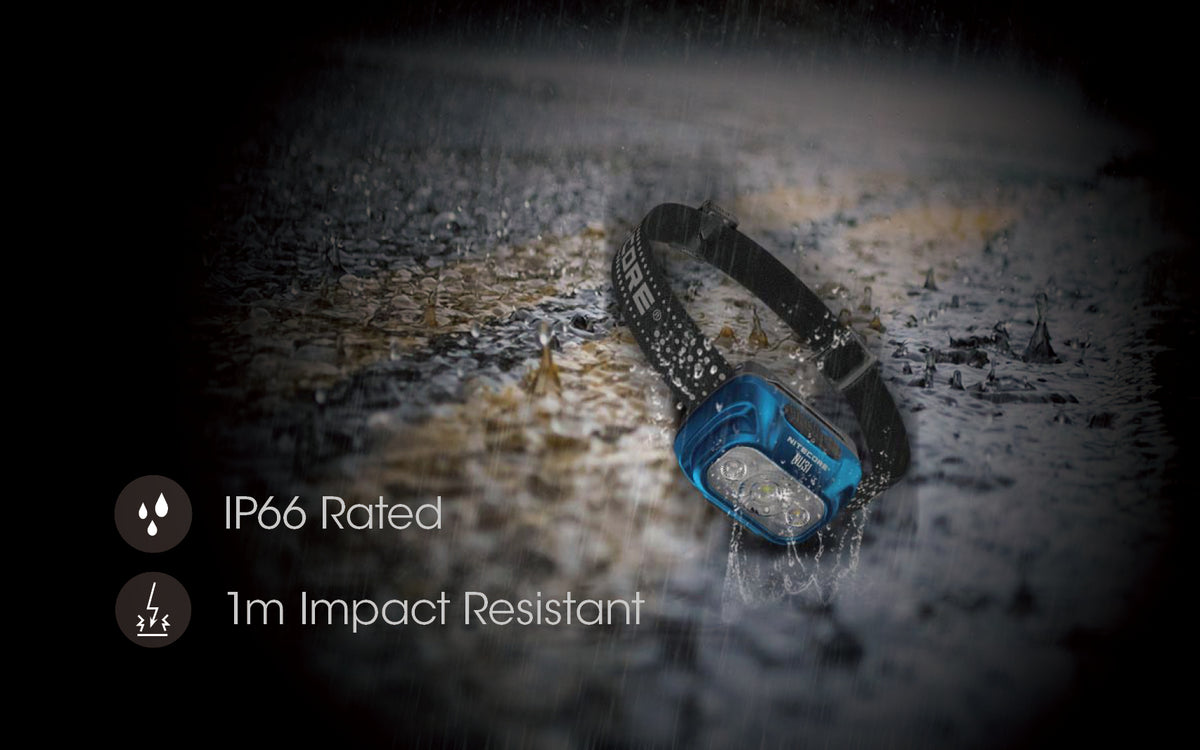 Nitecore NU31 headlamp water and impact resistance infographic