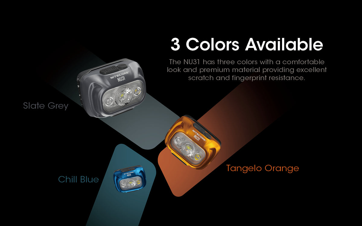Nitecore NU31 headlamps in slate grey, chill blue and tangelo orange