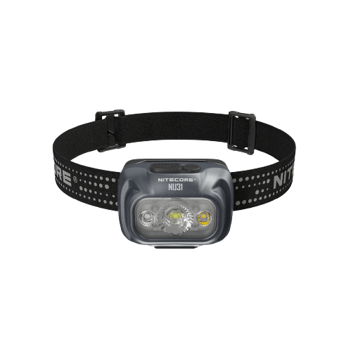 Nitecore NU31 grey headlamp with black headband, front view
