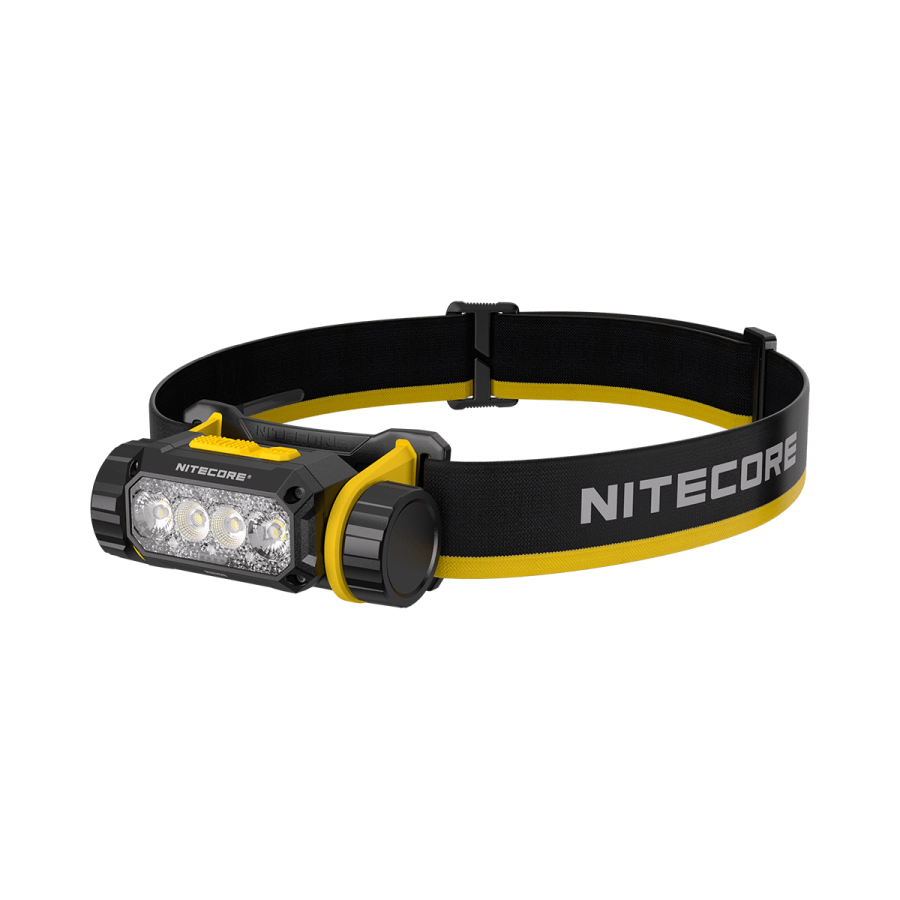Nitecore NWH20 headlamp angled view with black and yellow headband