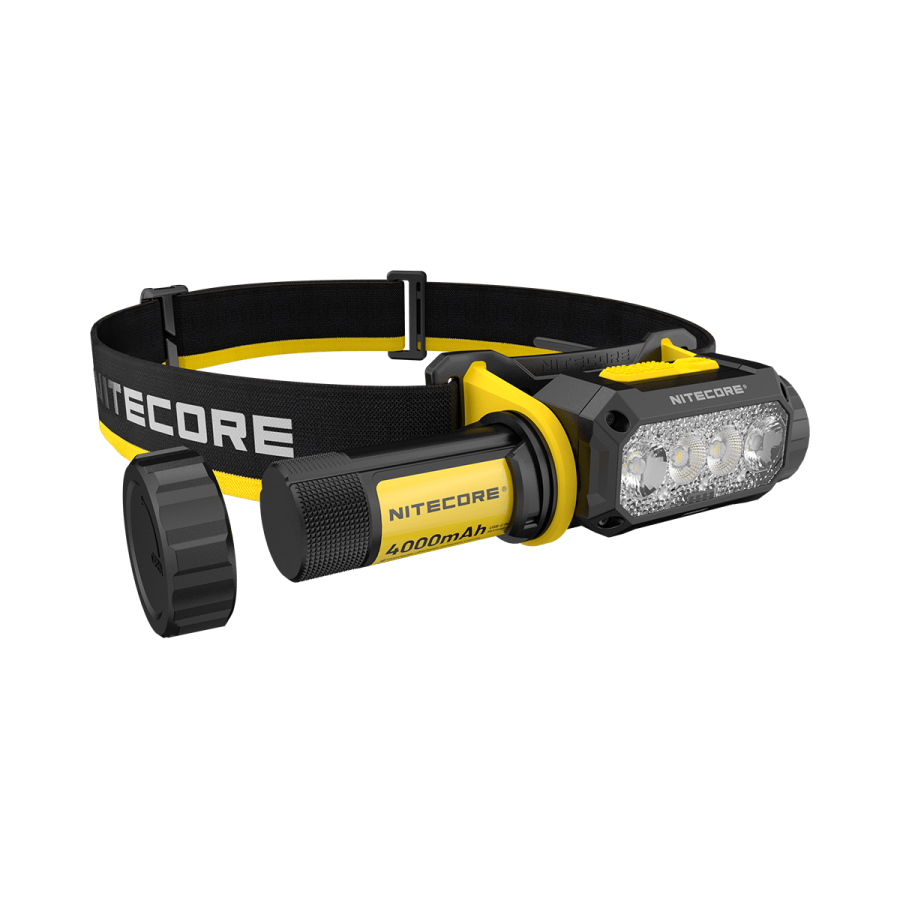 Nitecore NWH20 headlamp with battery cap removed and battery visible