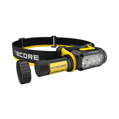 Nitecore NWH20 headlamp with battery cap removed and battery visible
