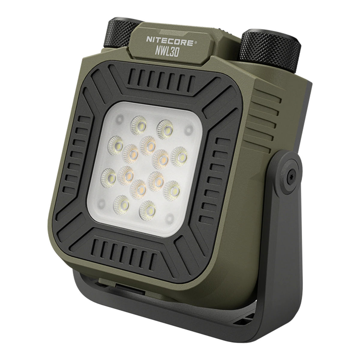Nitecore NWL30 olive-green work light angled view with adjustable stand