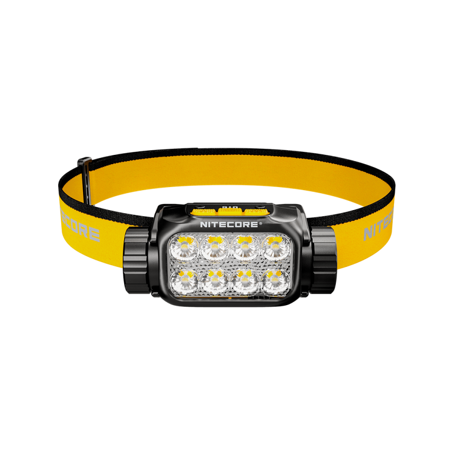 Nitecore UT6 black headlamp front view with yellow headband