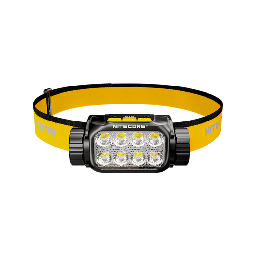 Nitecore UT6 black headlamp front view with yellow headband